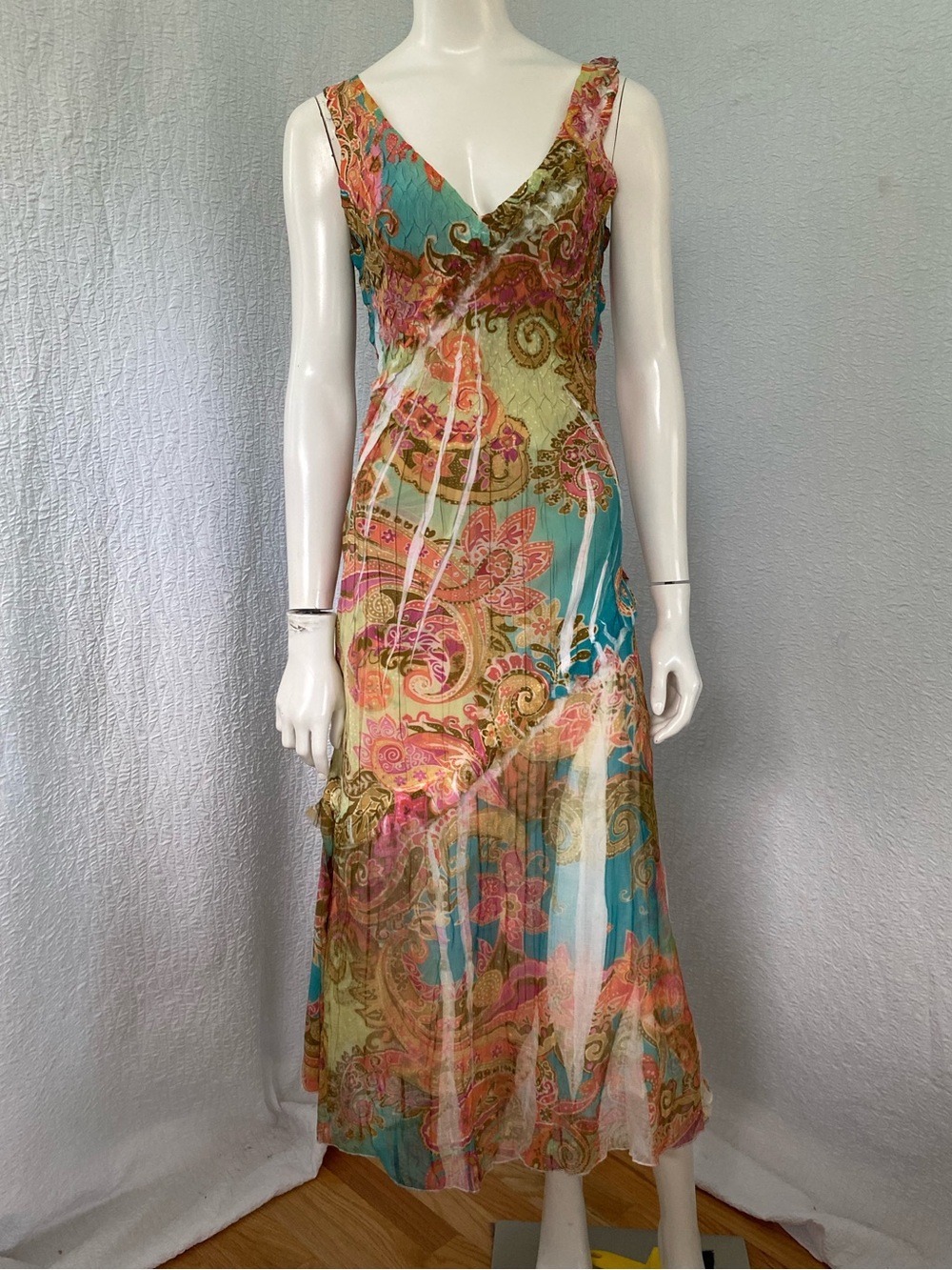 Komarov V Neck Sleeveless Floral Turquoise Pink Gold Floral Paisley Midi Dress